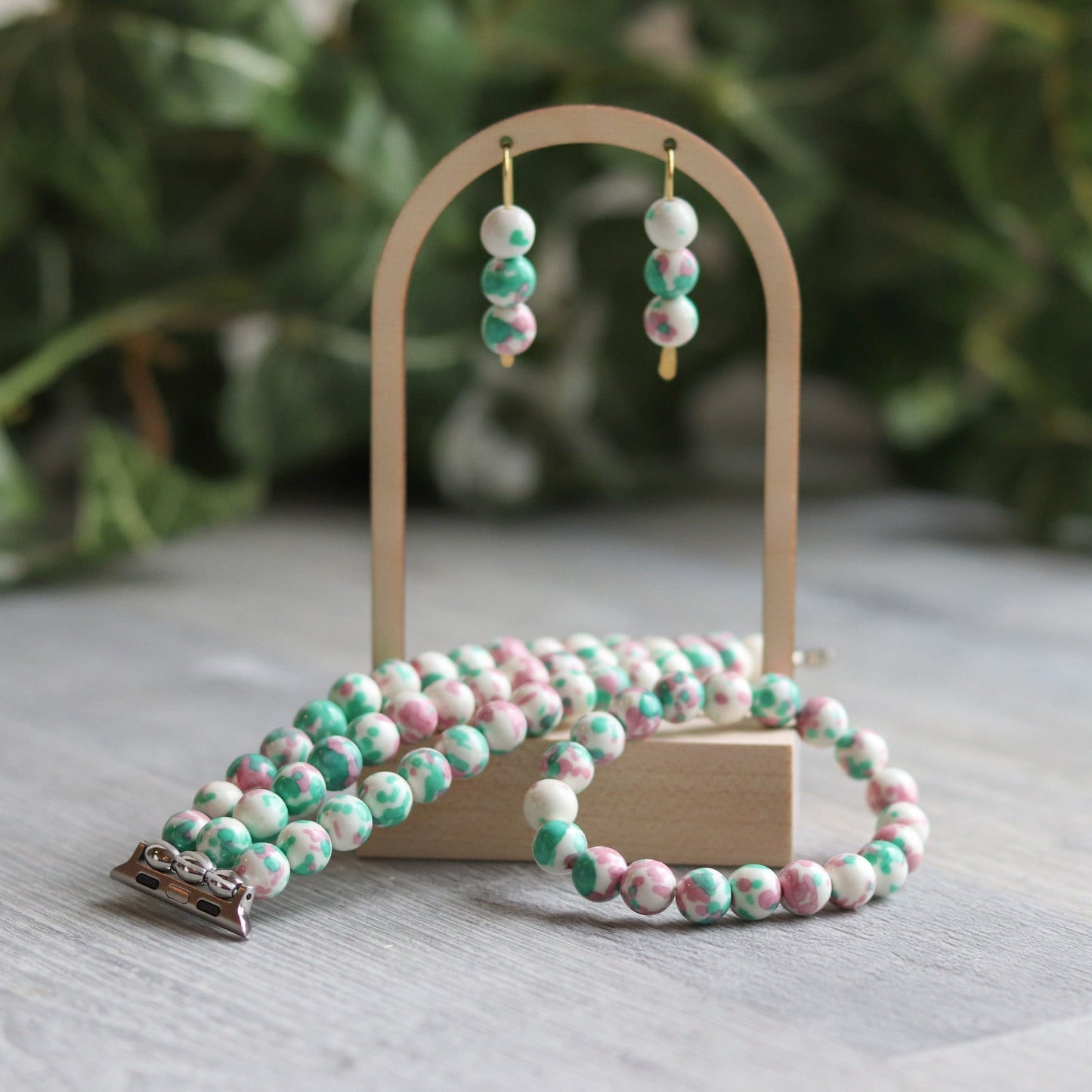 Rain Flower Pink & Green Jade Watchband